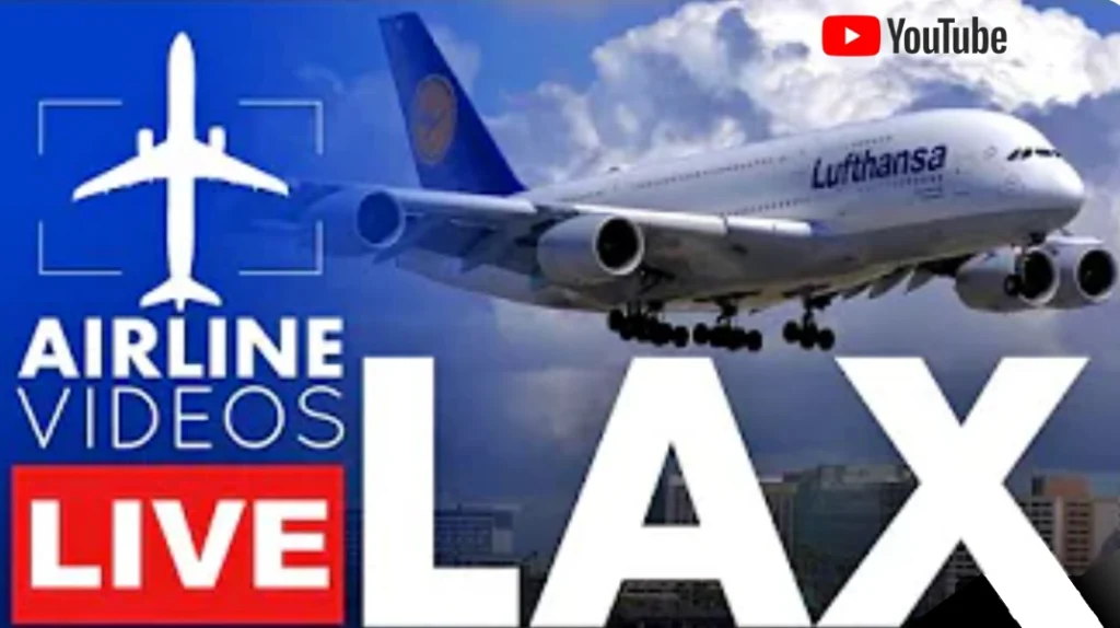 A imagem mostra uma arte gráfica da capa do canal airline videos live do aeroporto de Los Angeles na Califórnia, Estados Unidos