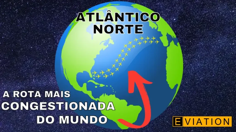 A imagem mostra um banner com o título: a rota mais congestionada do mundo, apontando para o Atlântico Norte e pequenos aviões representando a rota não linear