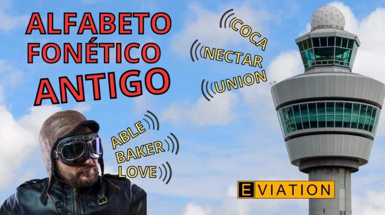 A imagem mostra uma arte gráfica contendo um piloto se comunicando com a torre usando o antigo alfabeto fonético. Ele pronuncia able, baker, love e a torre coteja coca, néctar, union