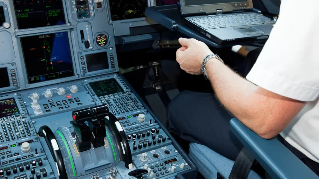 A imagem mostra um engenheiro com um laptop trabalhando no painel de um avião. Evoluções na aviação